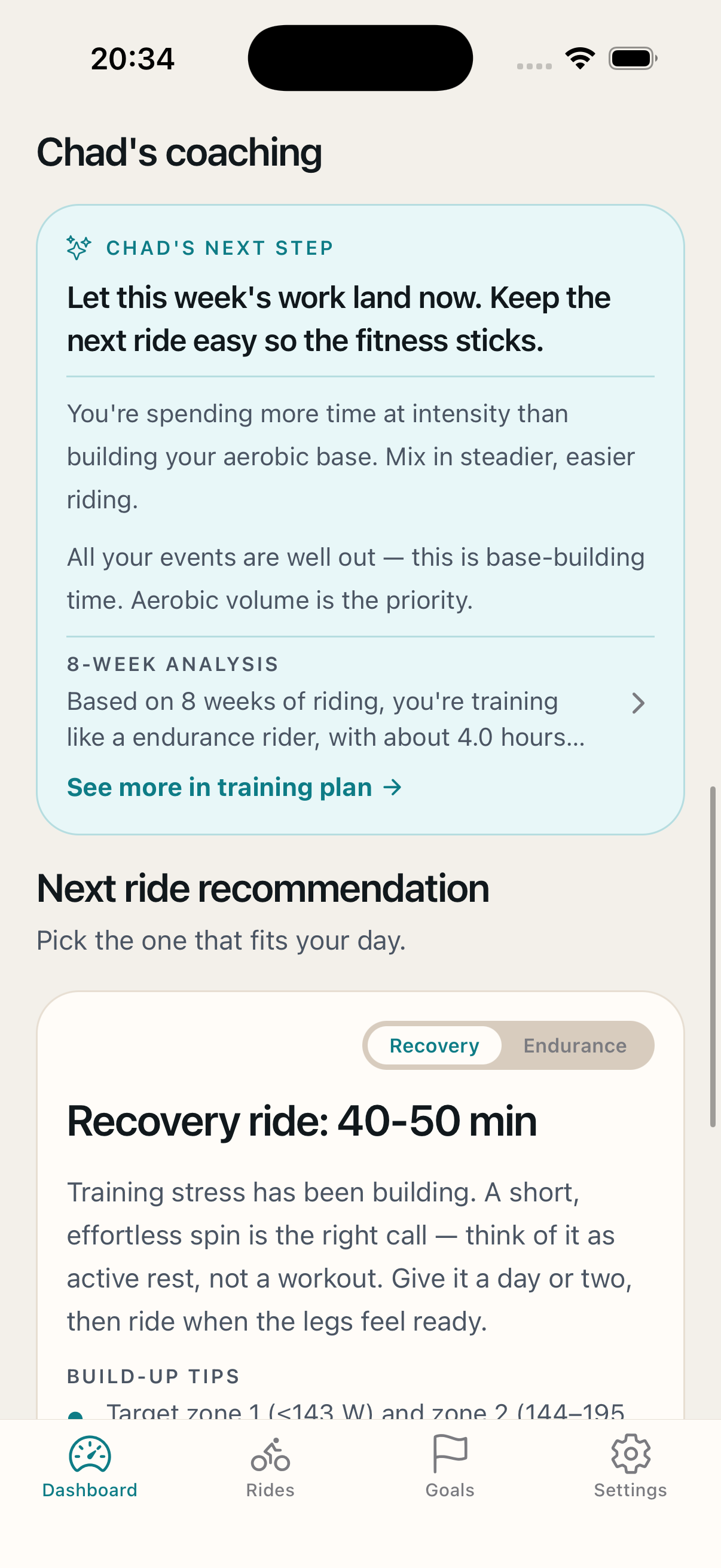Dashboard coaching tab with next-step advice, 8-week training analysis, and next-ride recommendation