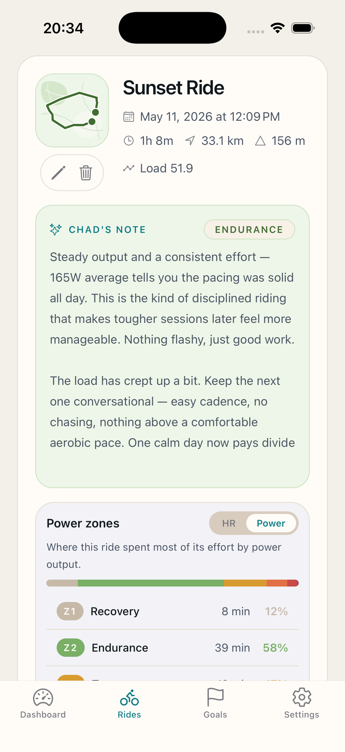 Ride card for Sunset Ride showing Chad's coaching note, endurance classification, and power zones