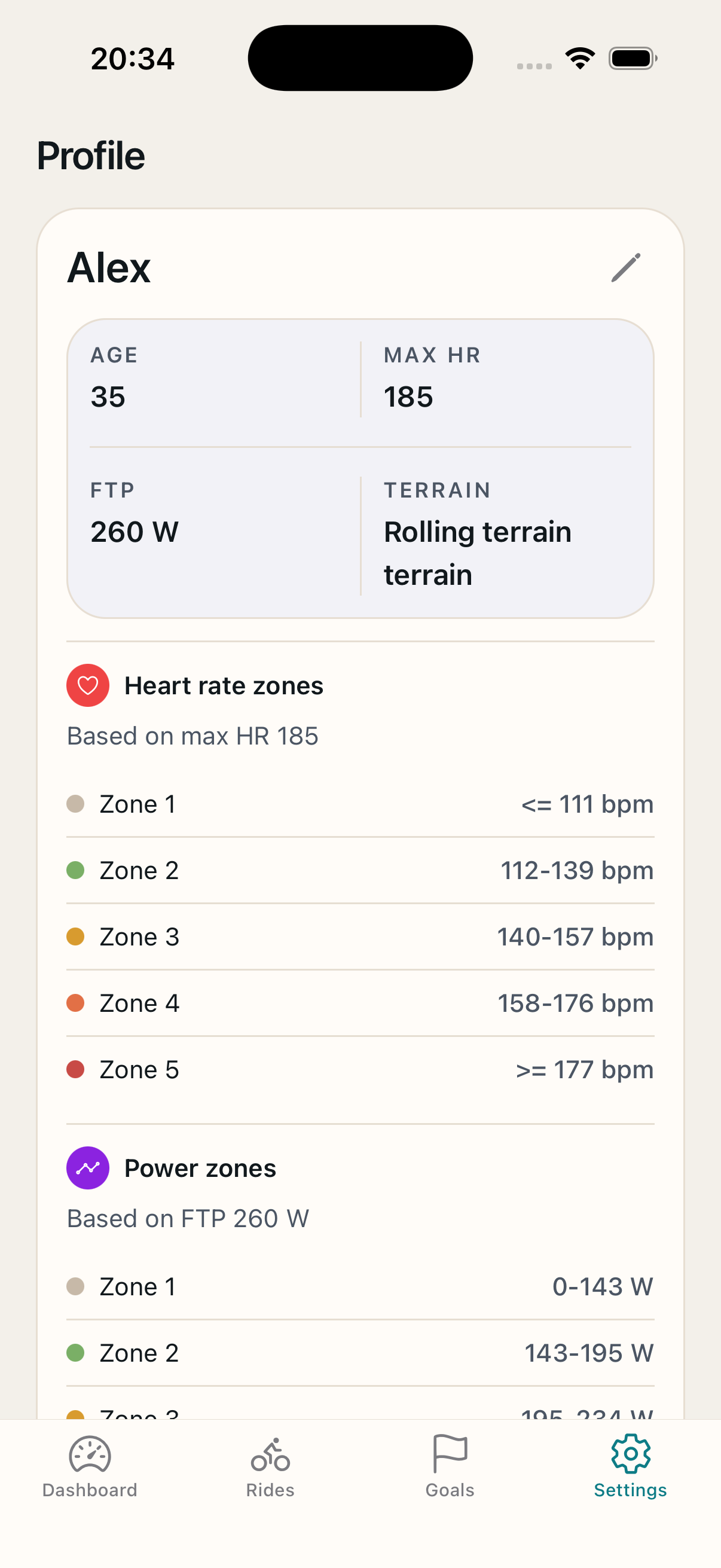 Profile screen showing age, FTP, and calculated heart rate and power zones