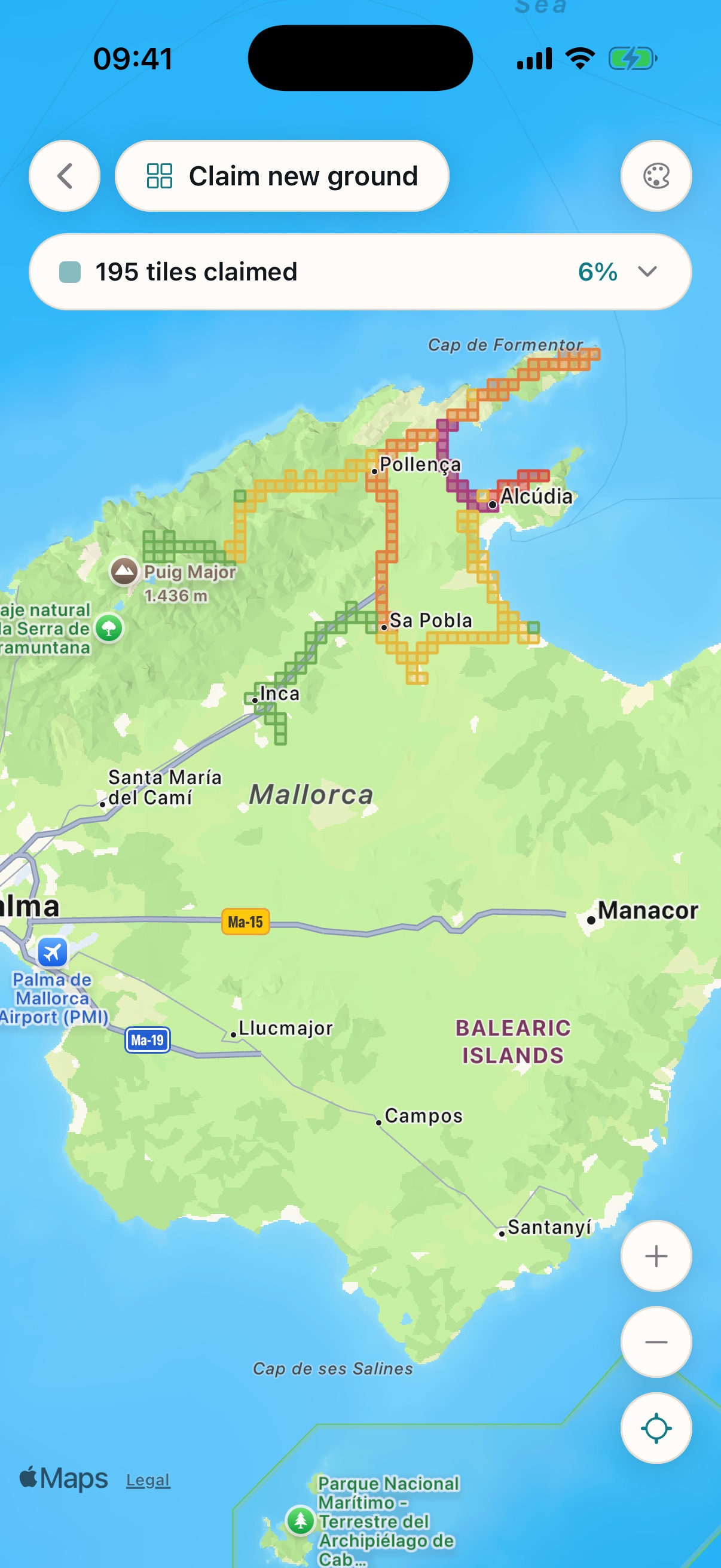 Tile heatmap map around Pollença, Mallorca showing claimed ground in a heat ramp
